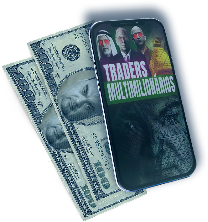 Celular flutuando e na tela banner do trader milionário. Atrás notas de dólar flutuando também.